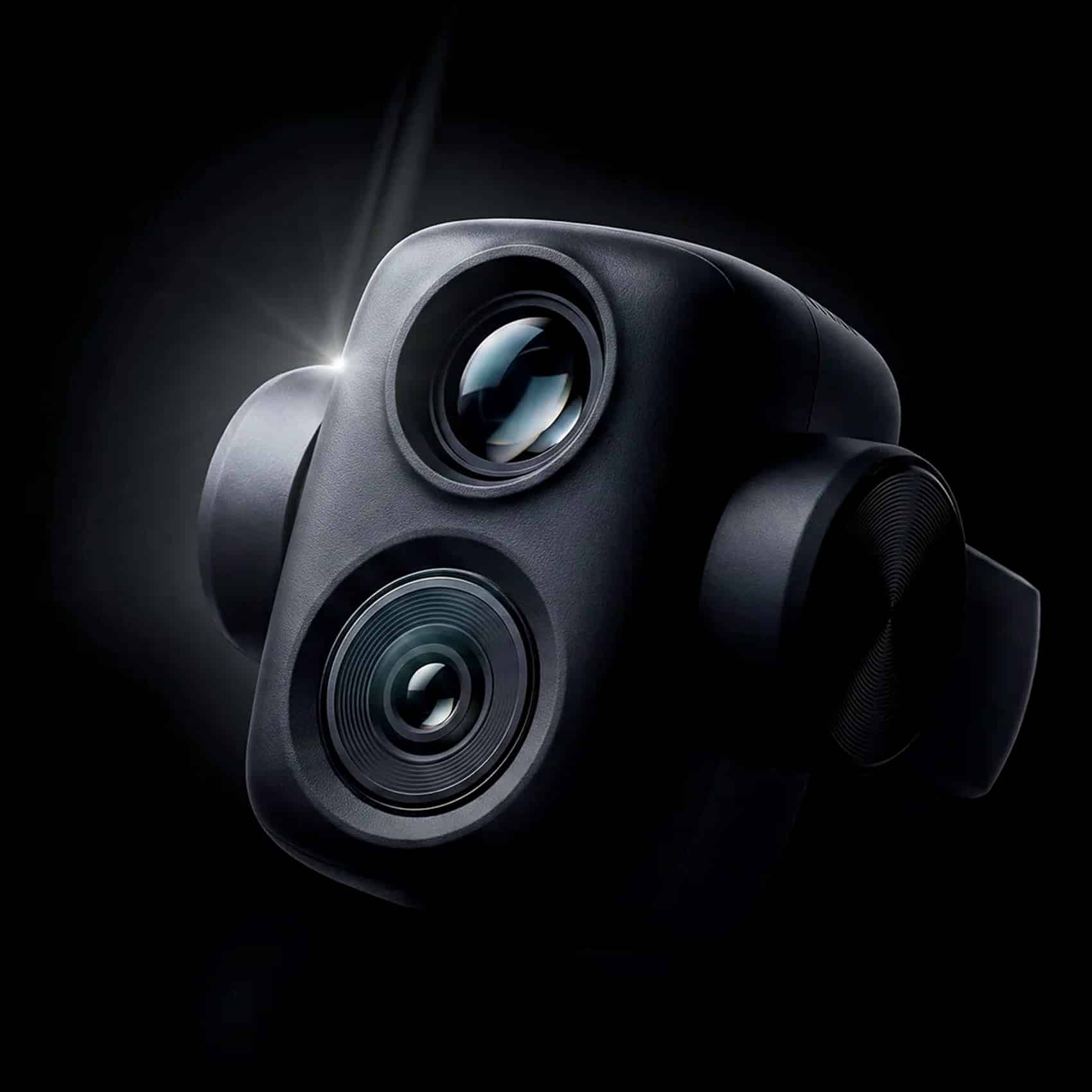 Close-up of the dual-lens gimbal head on a black background.