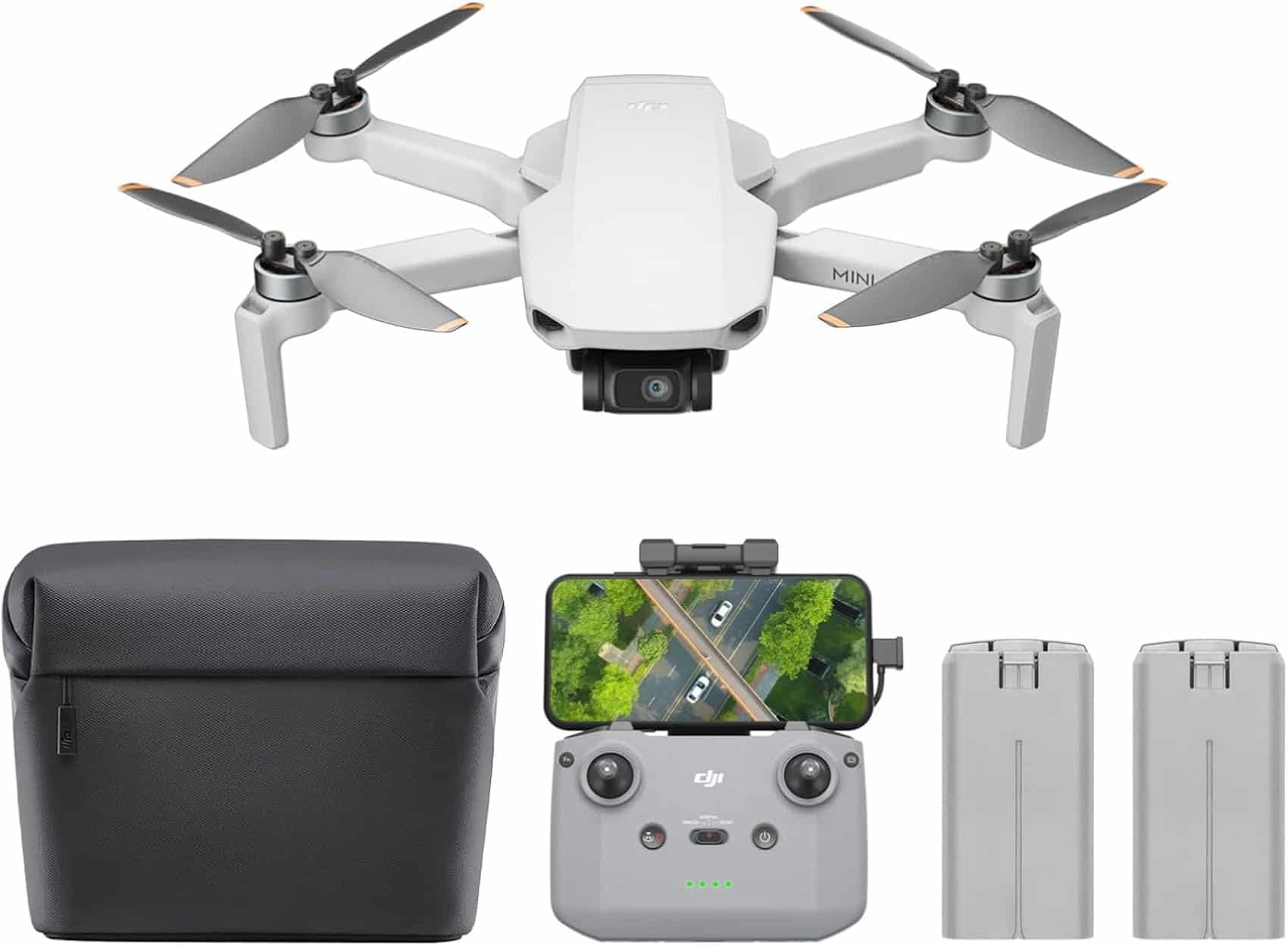DJI Mini 4K Fly More Combo contents with bag, controller and spare batteries.
