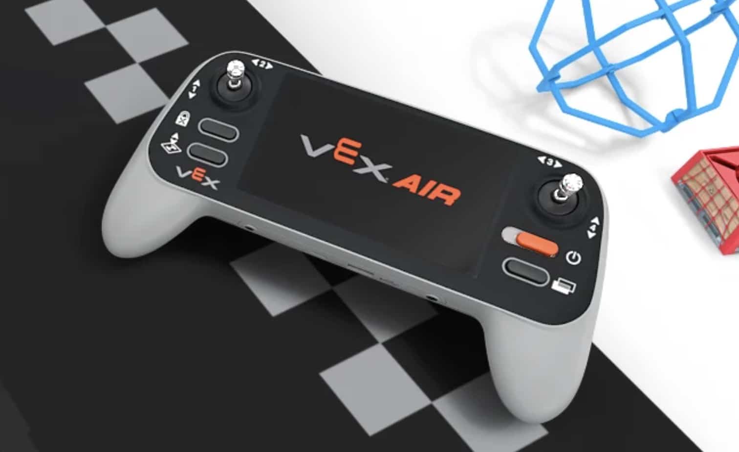 Product render of the VEX AIR controller beside a blue wireframe drone cage.