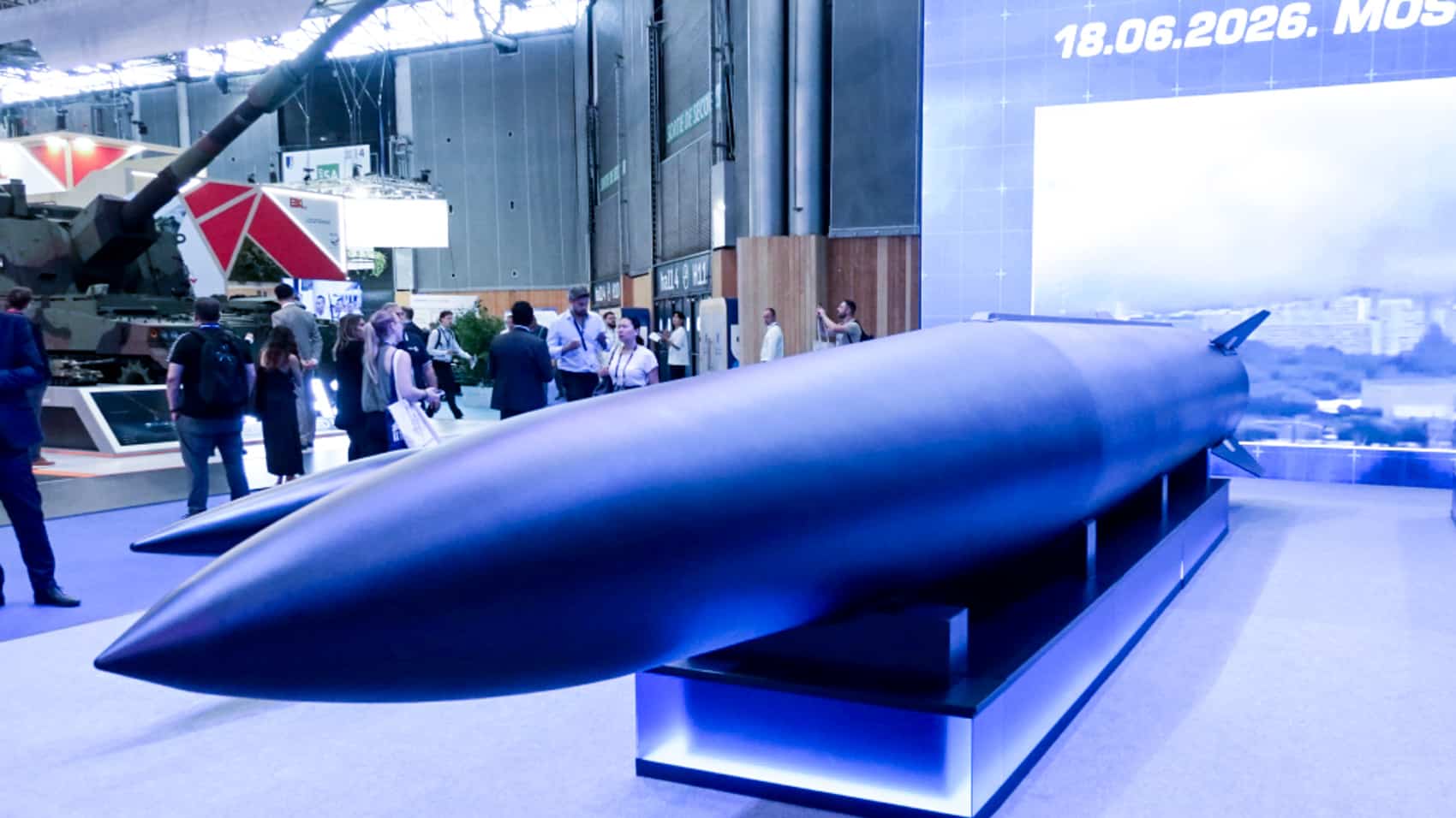 Fire Point FP-1 strike drone on display at the Eurosatory 2026 stand in Paris.