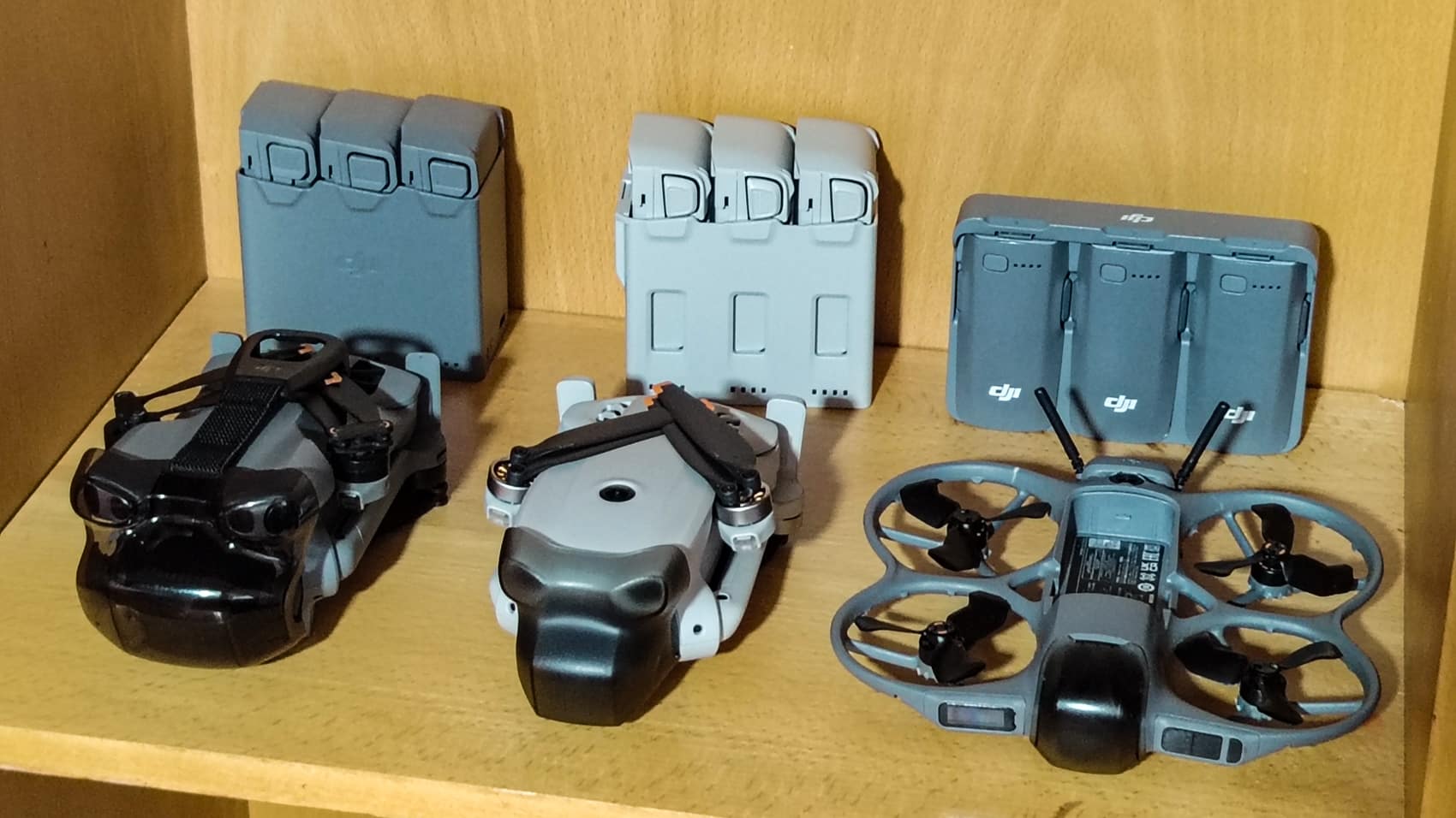 Rafael Suarez's own DJI Mini 5 Pro on his desk beside a Lito X1 and Neo 2.