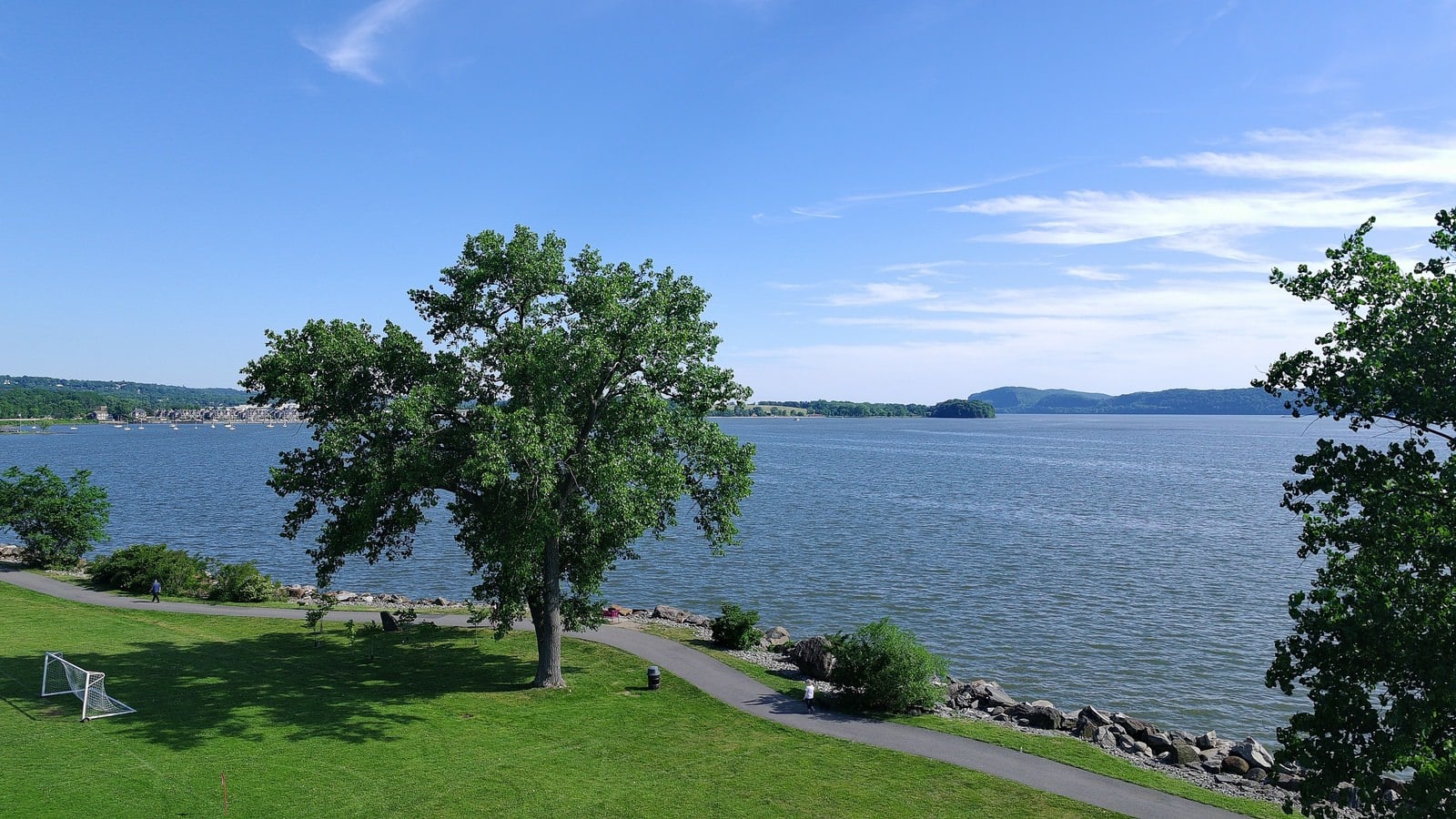 The same scene as an in-camera JPEG, with corrected geometry and oversaturated greens.