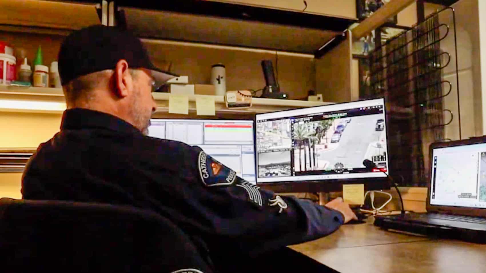 Operators at the Coachella Valley Real-time Intelligence Center watch live drone feeds.