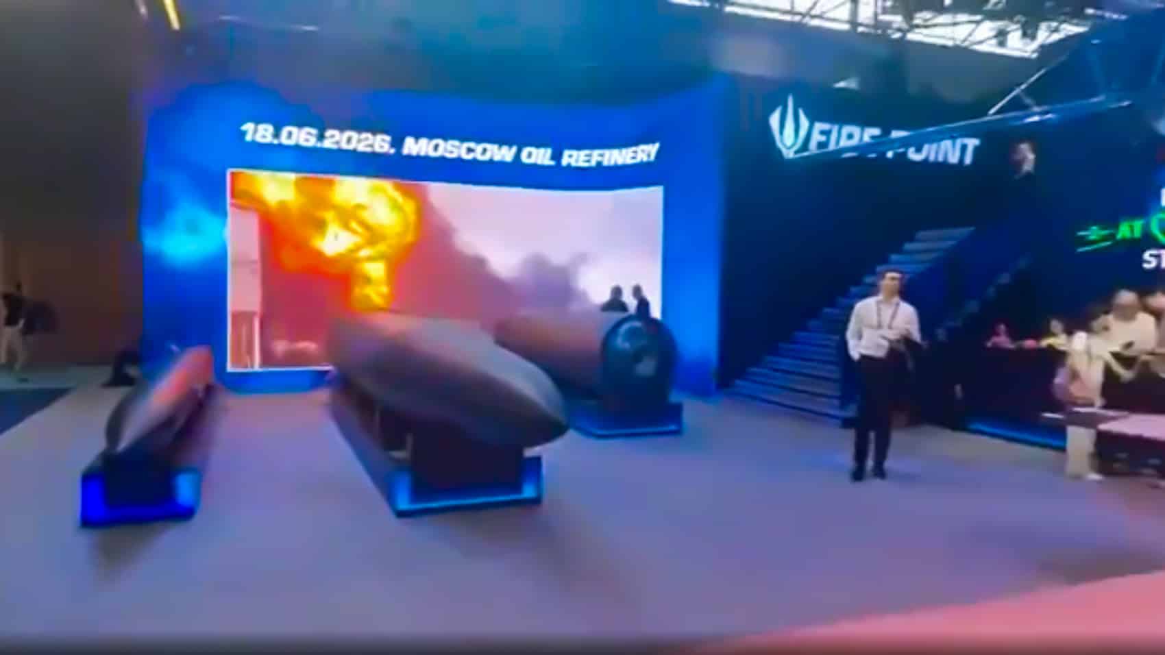 Frame of the Kapotnya refinery burning in Moscow after the Fire Point strike.