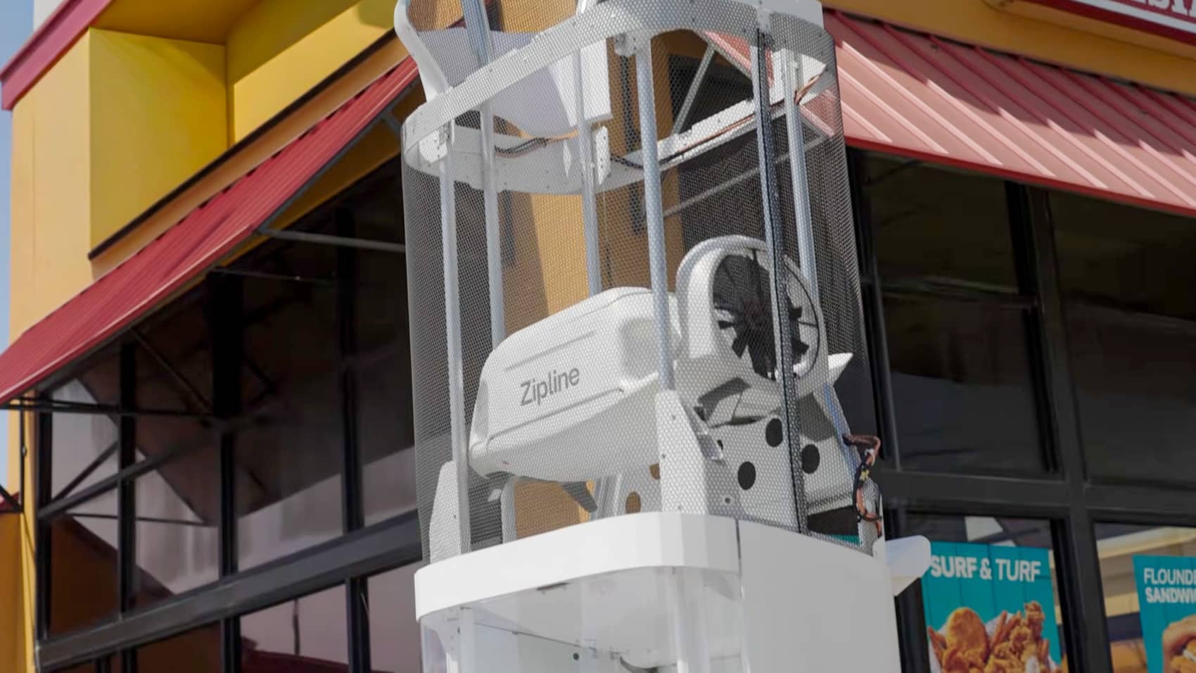 A Zipline droid lowering a package on a tether from up to 300 feet (91 meters).