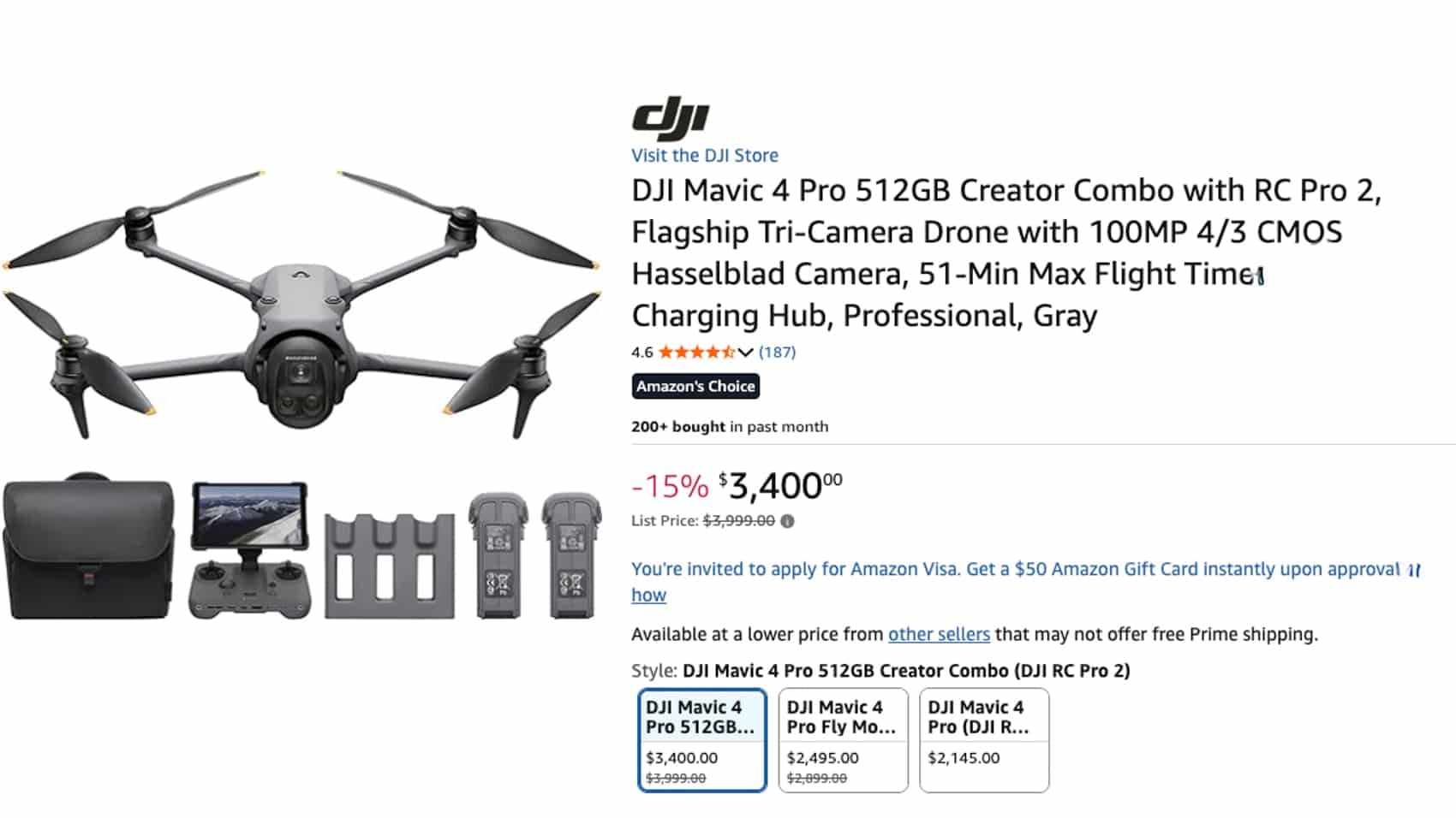 Amazon listing for the DJI Mavic 4 Pro Creator Combo marked down to $3,400.