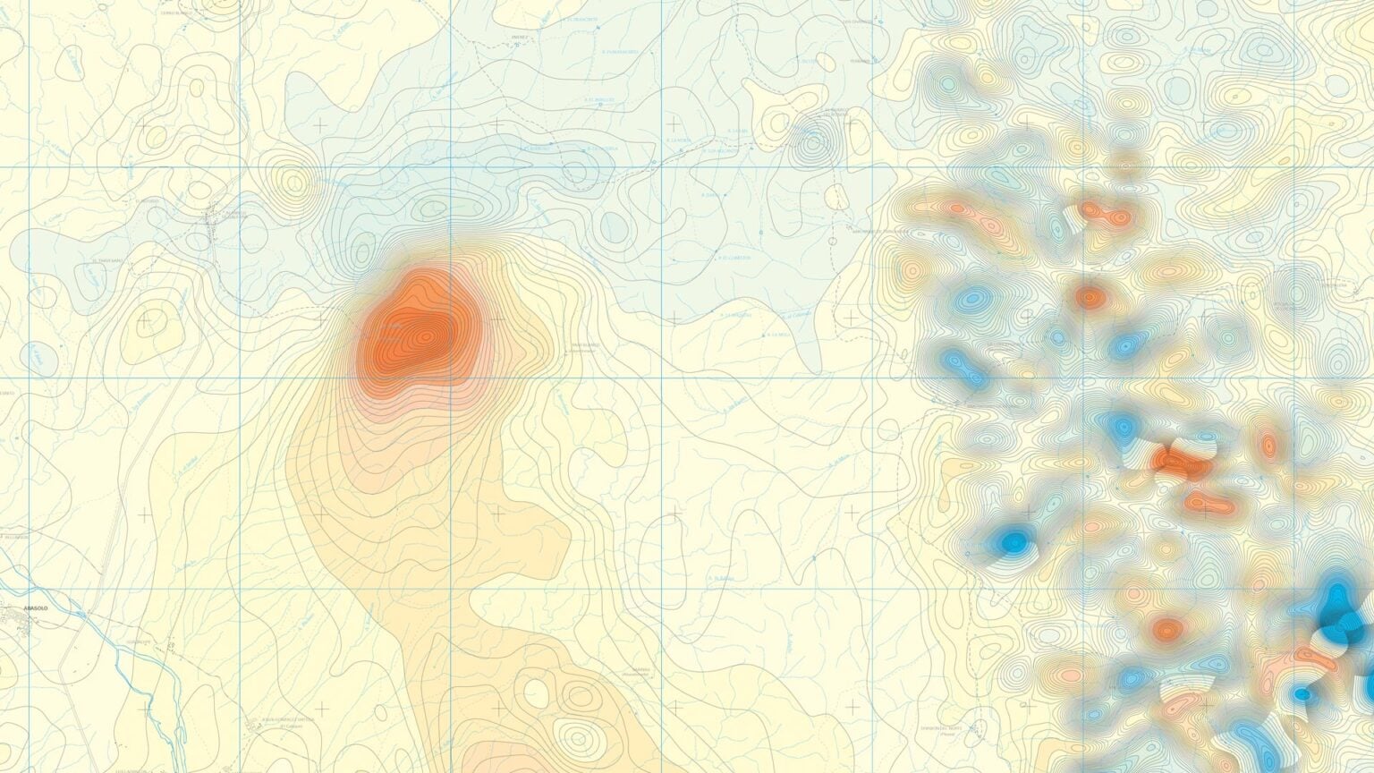 Aeromagnetic survey map with contour lines and red and blue magnetic anomalies.