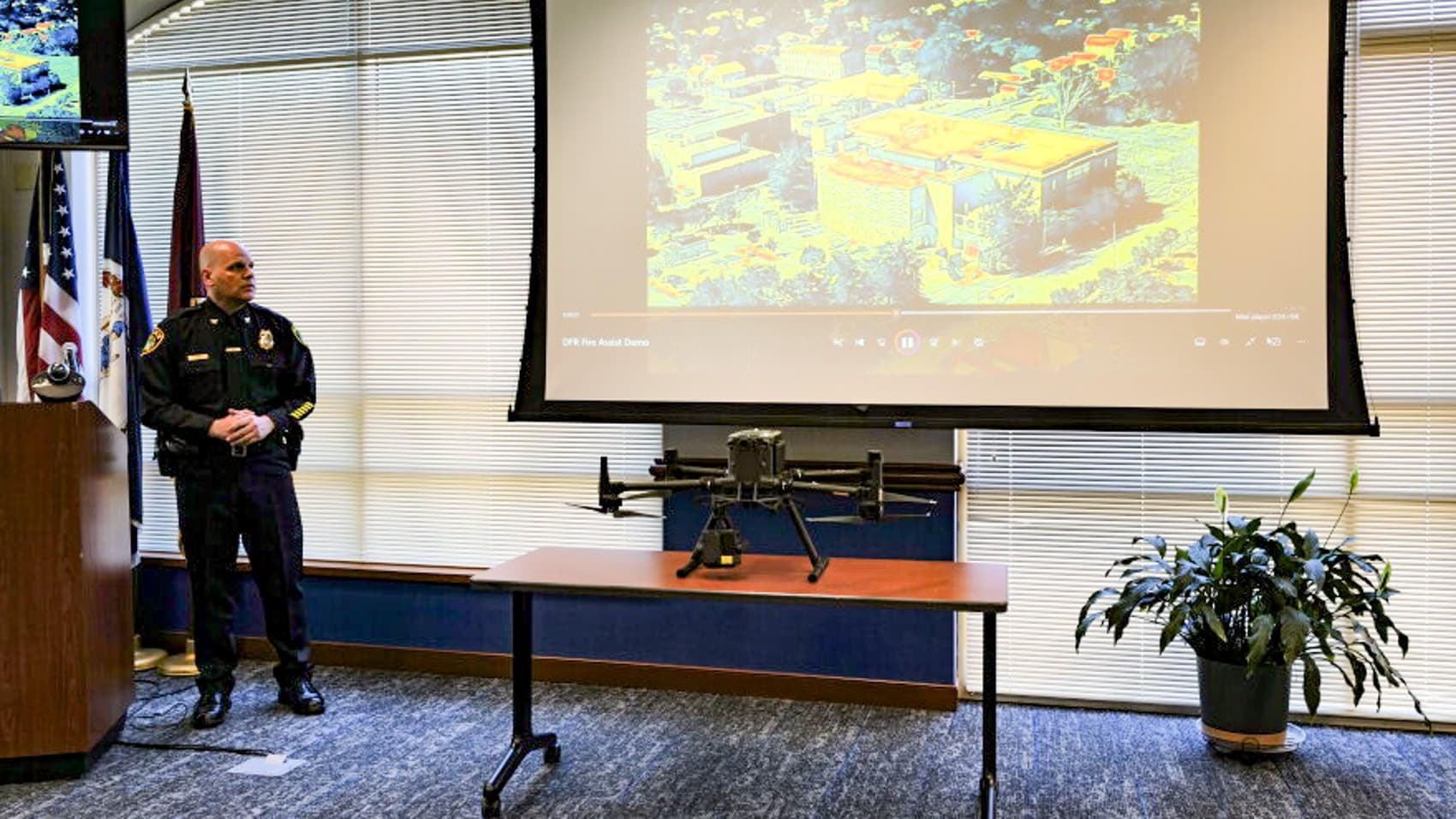 One of the eight Newport News drones staged at a city launch site.