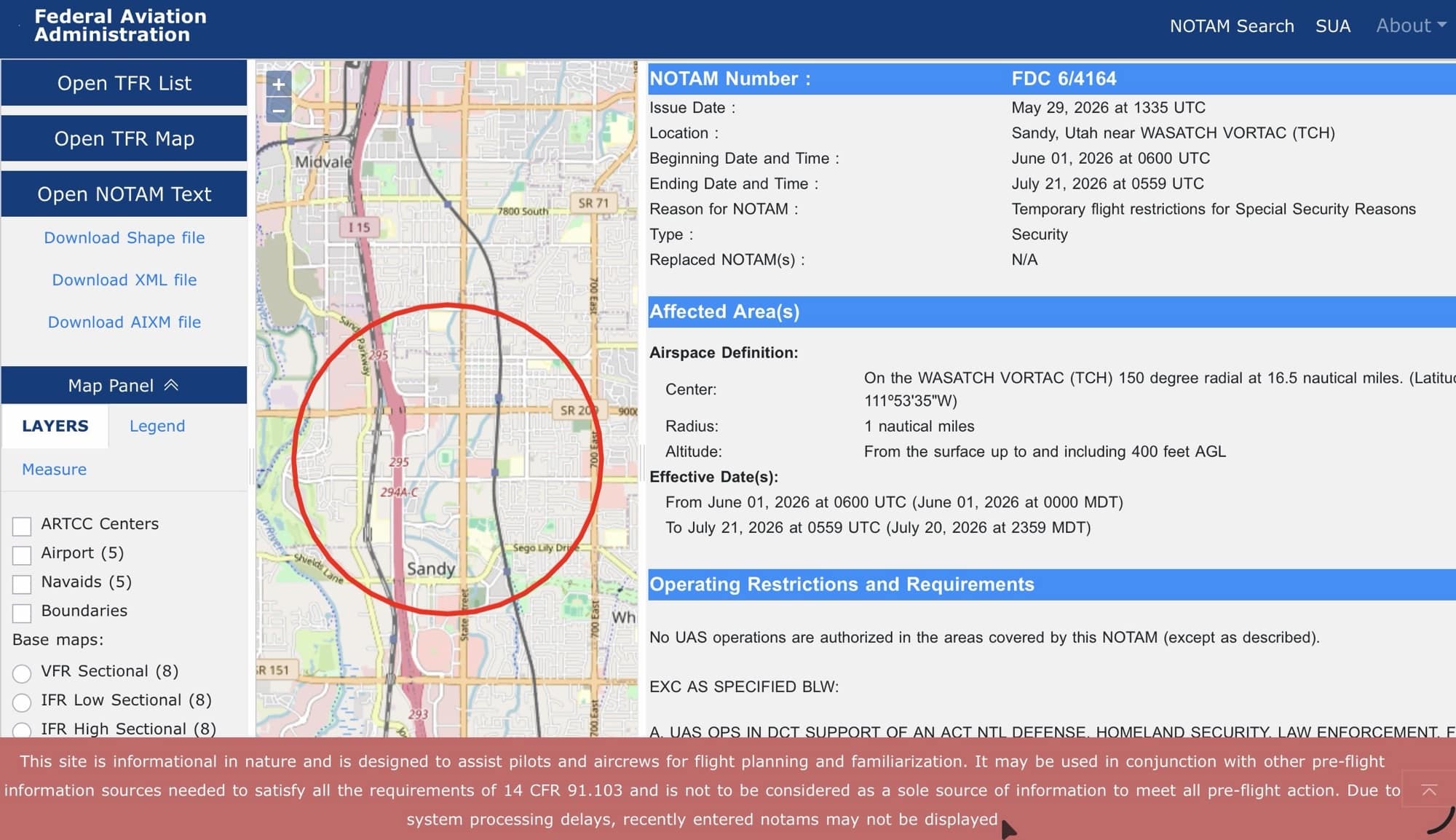 The FAA TFR viewer showing a circular no-drone ring over Sandy, Utah.