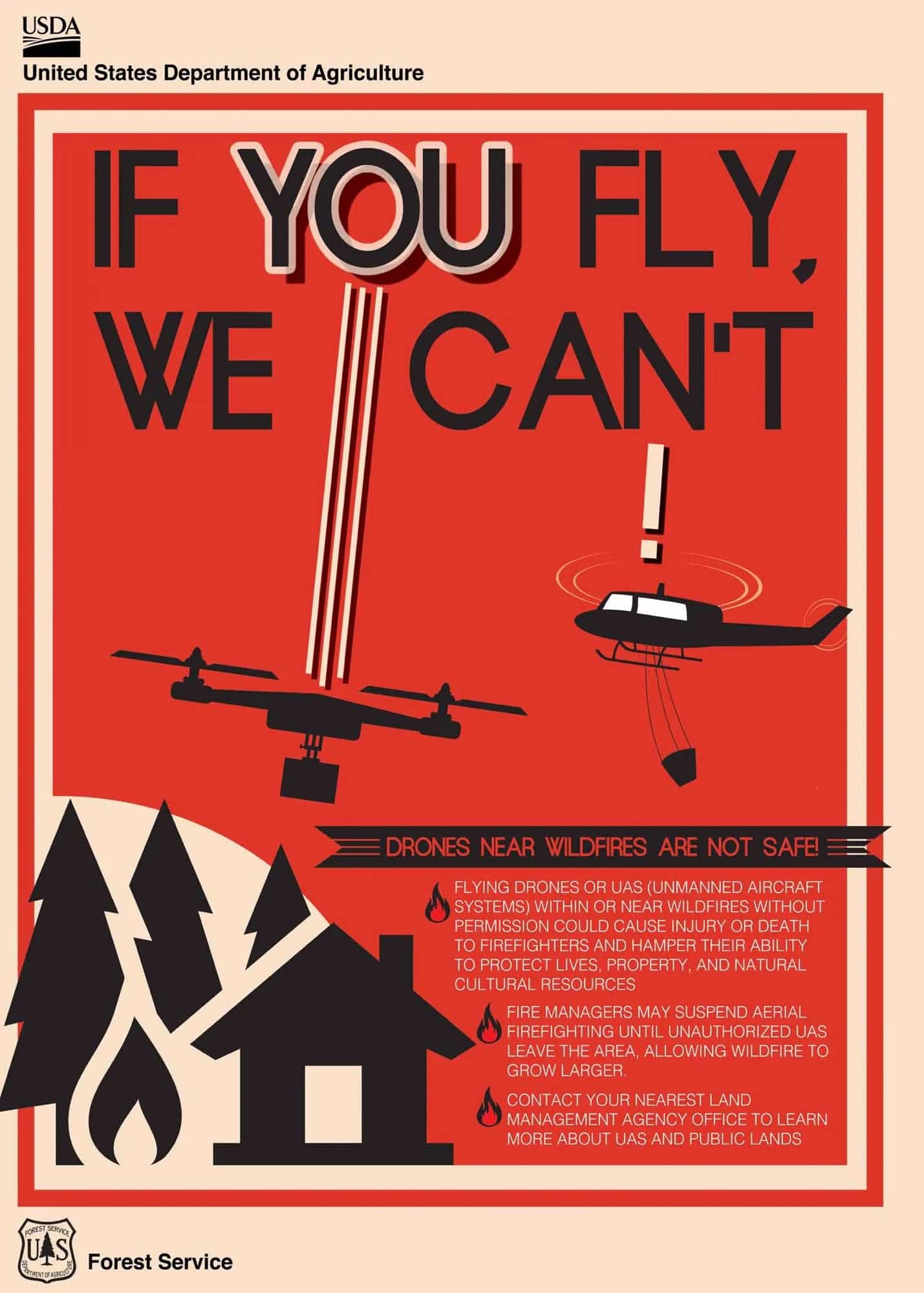 USDA Forest Service poster warning that drone flights ground firefighting aircraft.