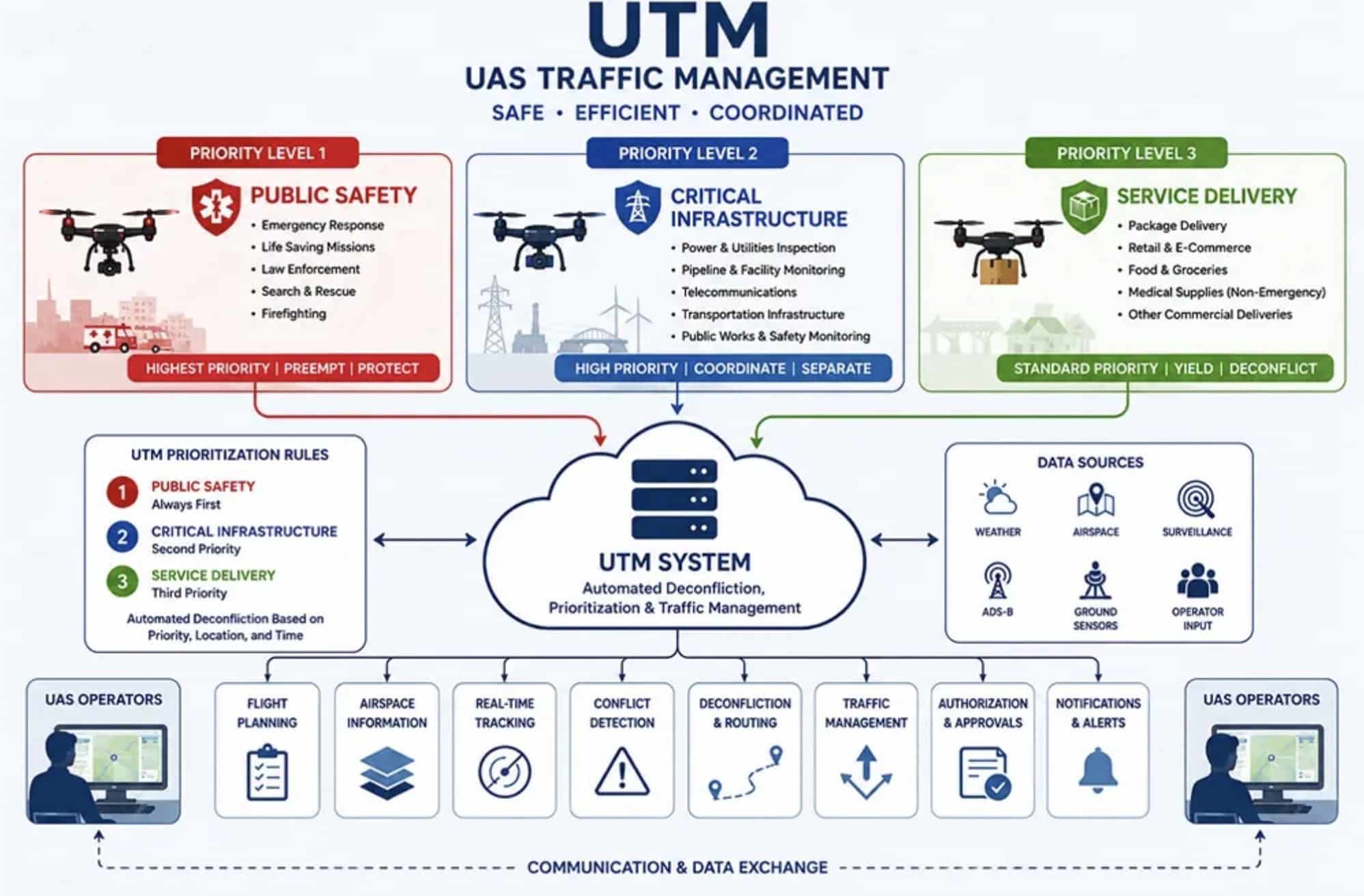 A UAS traffic management diagram ranking public safety, infrastructure and delivery flights.