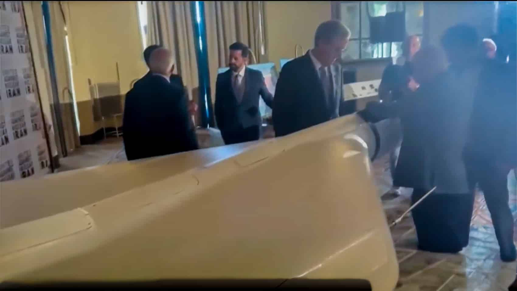 Recovered Shahed-136 loitering munition displayed at the Biltmore Hotel event.