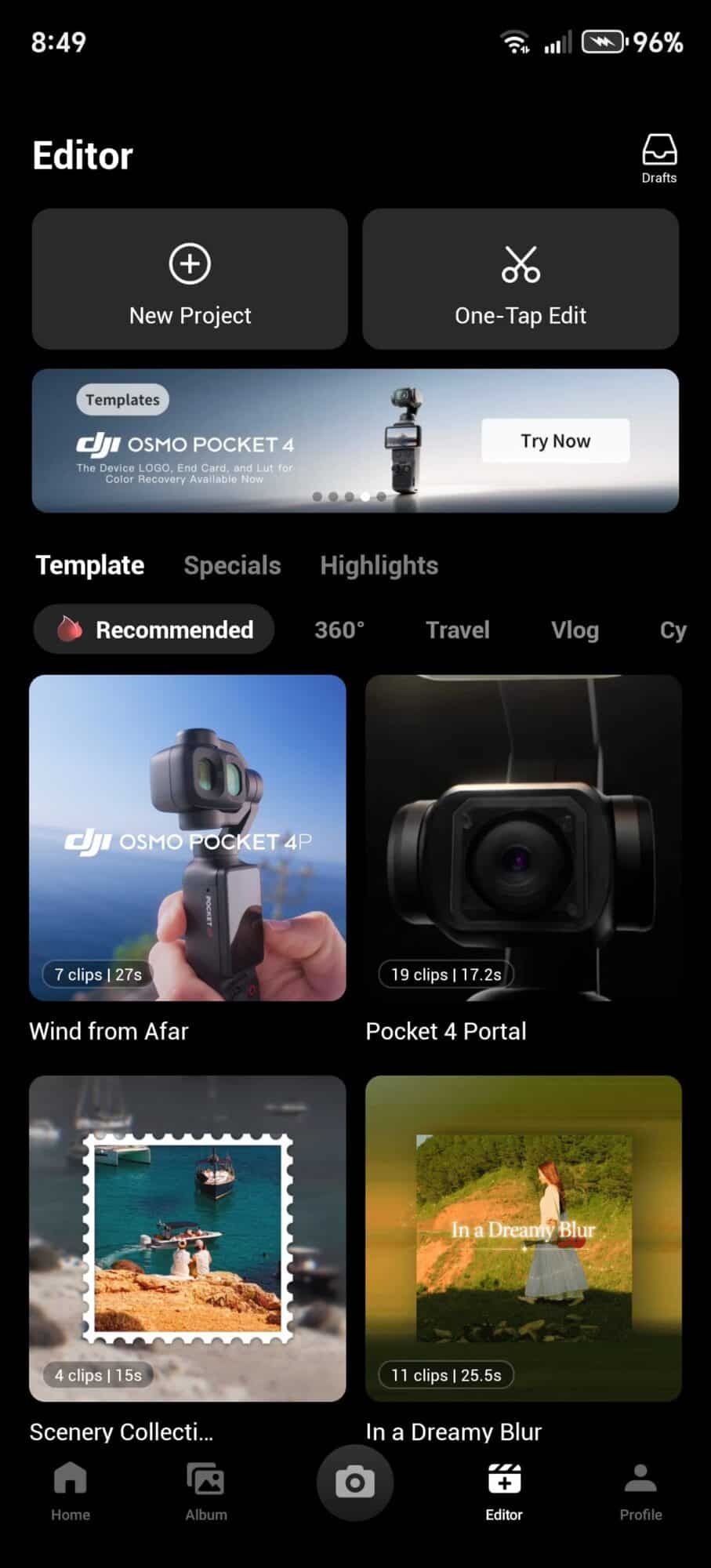 DJI Mimo app editor screen showing templates and an Osmo Pocket 4 banner.