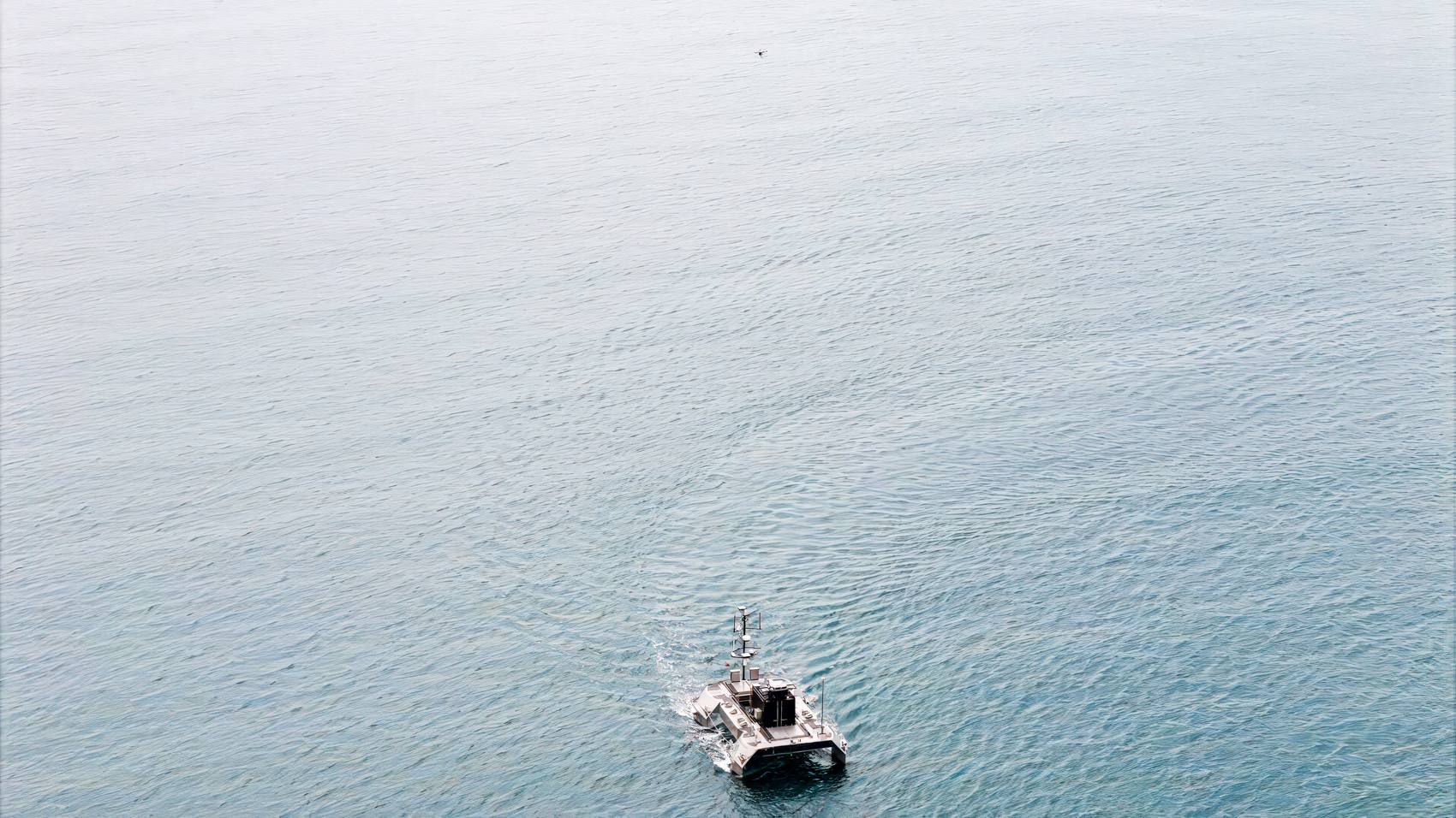 Aerial view of ACUA Ocean's Pioneer uncrewed vessel crossing open water
