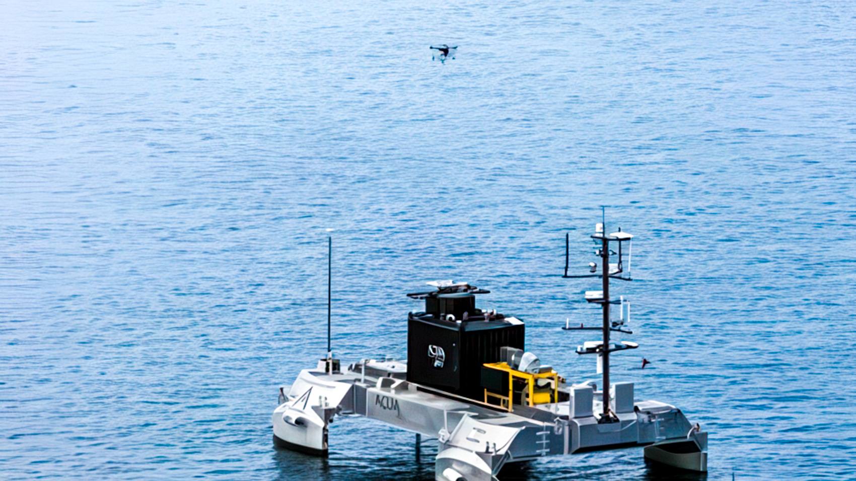 SkyRanger R70 drone flying above the Pioneer uncrewed vessel at sea