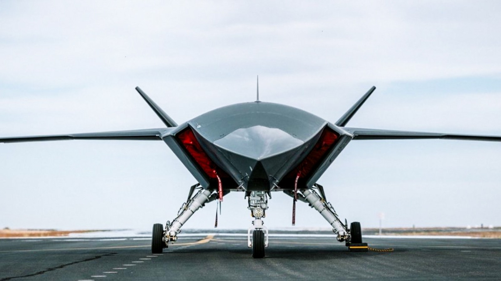 Boeing MQ-28 Ghost Bat seen head-on on a runway