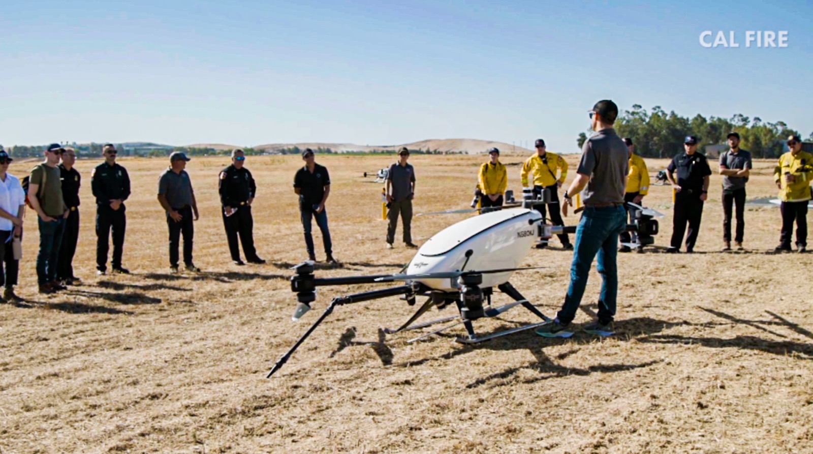 A Seneca autonomous firefighting drone launches during Cal Fire field testing