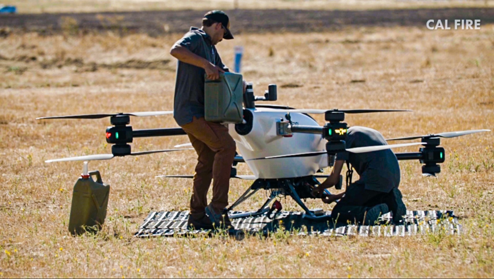 A close view of Seneca's firefighting drone system during Cal Fire testing