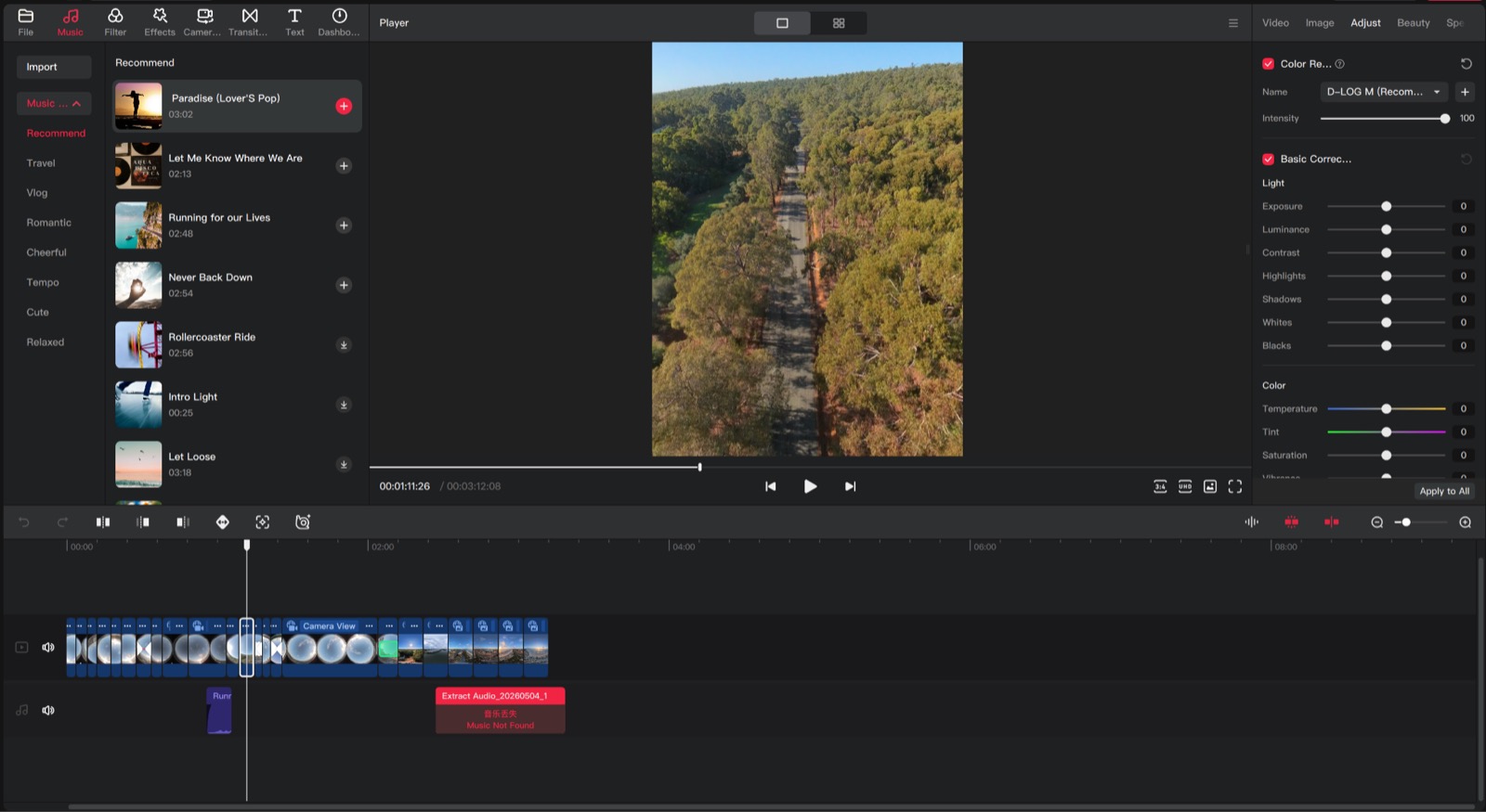 DJI Studio editing interface showing reframed Avata 360 footage