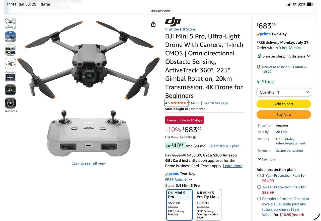 DJI Mini 5 Pro drone and remote controller shown with an Amazon record low price badge