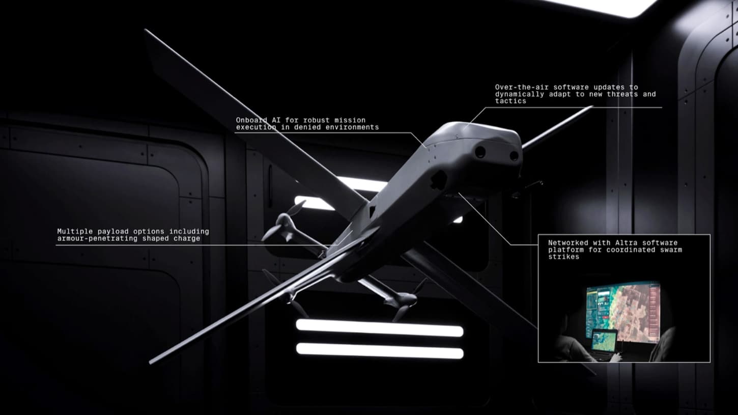 Helsing marketing image describing HX-2 onboard AI, over-the-air updates, and multiple payload options