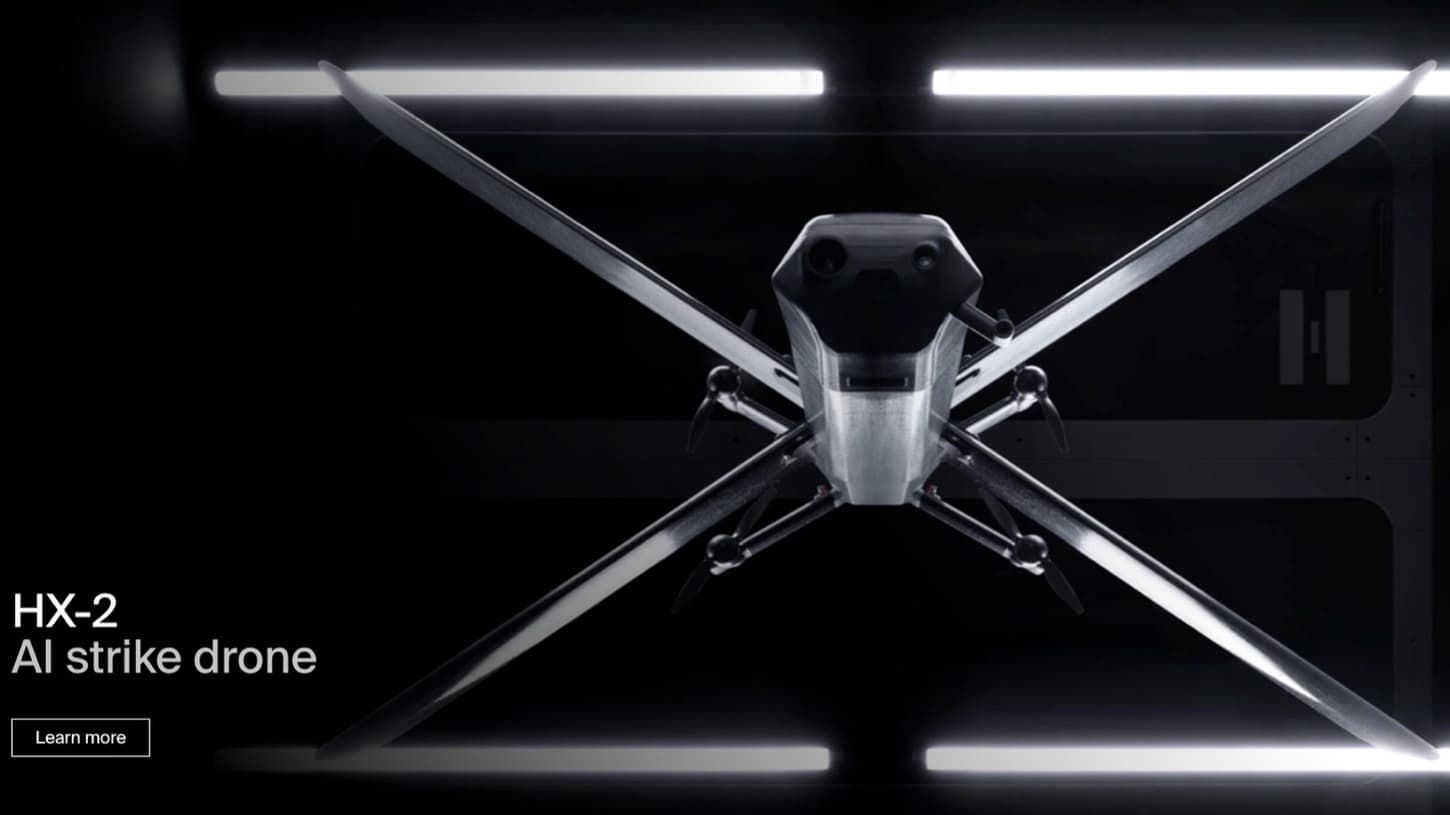 Front view of Helsing's HX-2 AI strike drone with product branding
