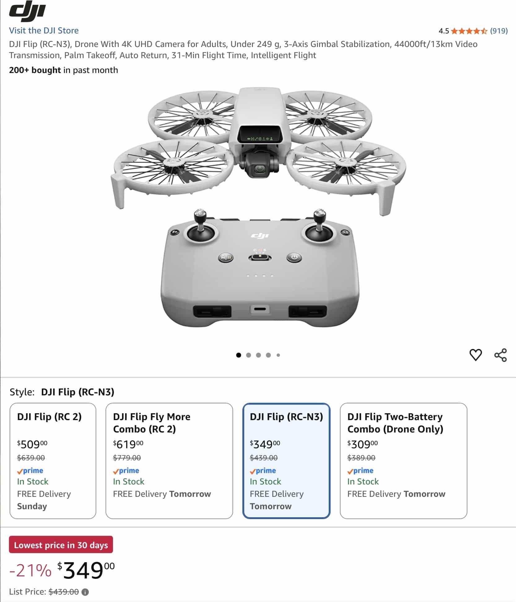 Screenshot of the Amazon listing showing the DJI Flip discounted to $349.