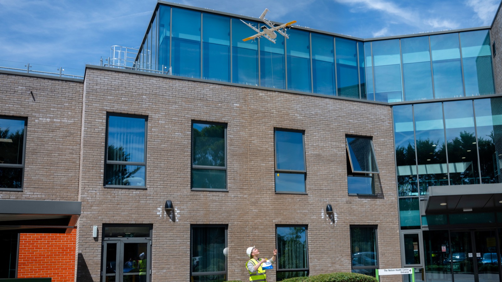 Wing drone flying near Nelson Health Centre as the south west London pathology network expands