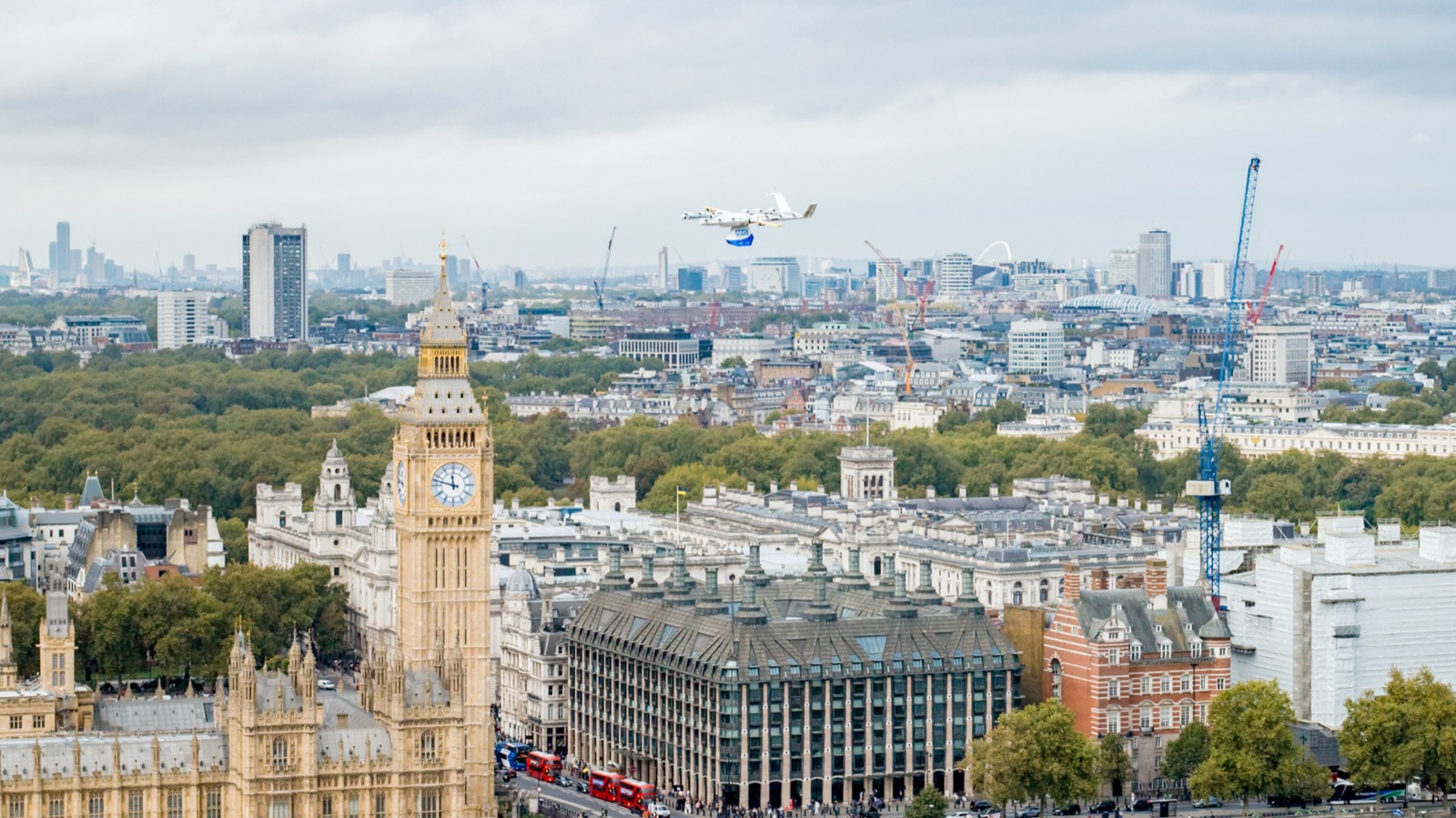 Wing drone carrying an NHS pathology payload over London