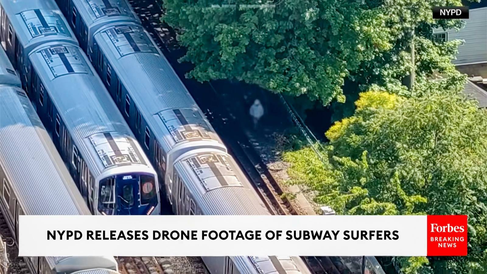 NYPD drone footage of subway surfers on a moving B train in Brooklyn
