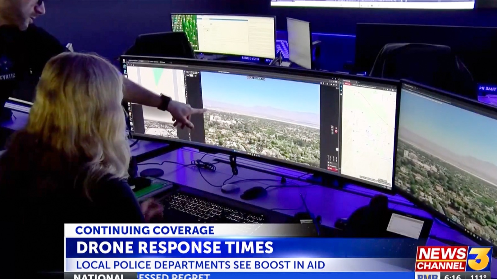 Aerial tracking view from the police drone as the teen rider moves through city streets