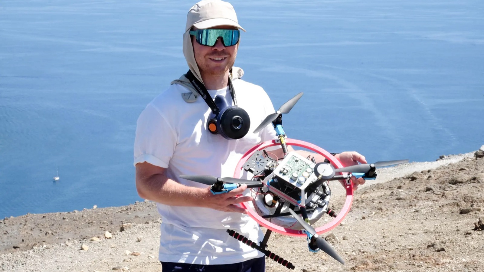 Drone flying over Vulcano volcanic gas plume for TUM laser mapping research