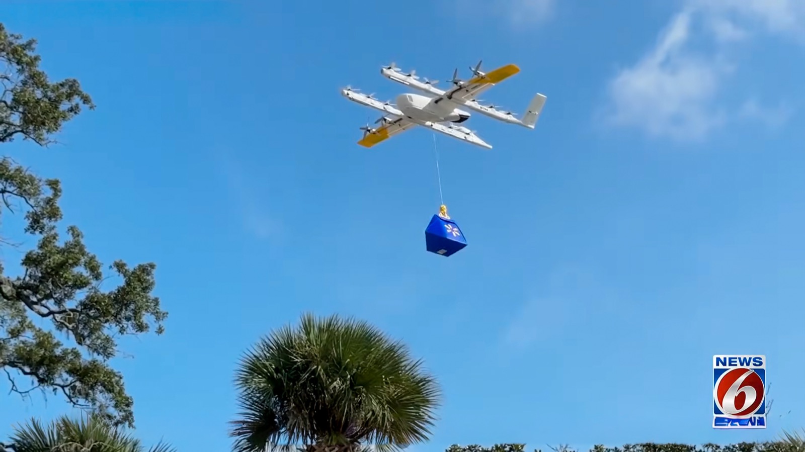Wing delivery drone carrying a Walmart order over Florida