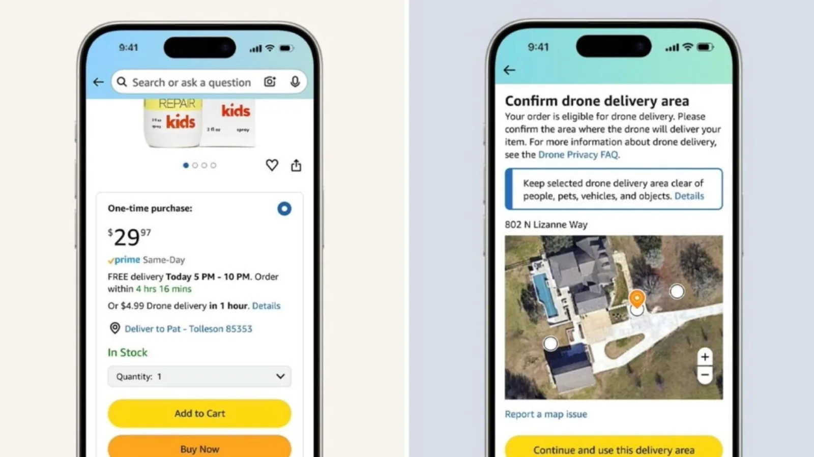 Two iPhone screens in the Amazon shopping app: a product page offering $4.99 drone delivery in 1 hour, and a Confirm drone delivery area screen showing a satellite view of a house with drop-off markers.
