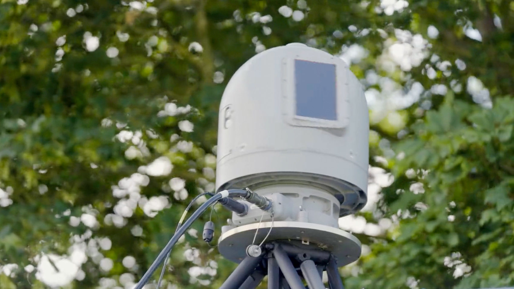 A white dome-shaped WISP sensor unit on a tripod mount against a background of leafy trees.