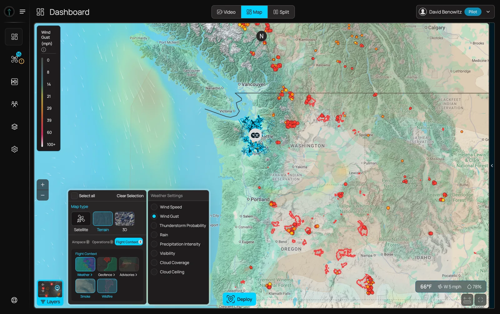 BRINC drone fleet dashboard showing a Pacific Northwest terrain map with wind gust overlay, wildfire hotspots and clustered drone deployments around Seattle