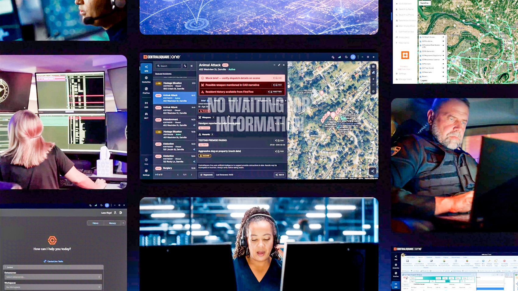 A montage of CentralSquare One dispatch screens and 911 call takers at their consoles, with an incident detail panel and satellite map at the center.