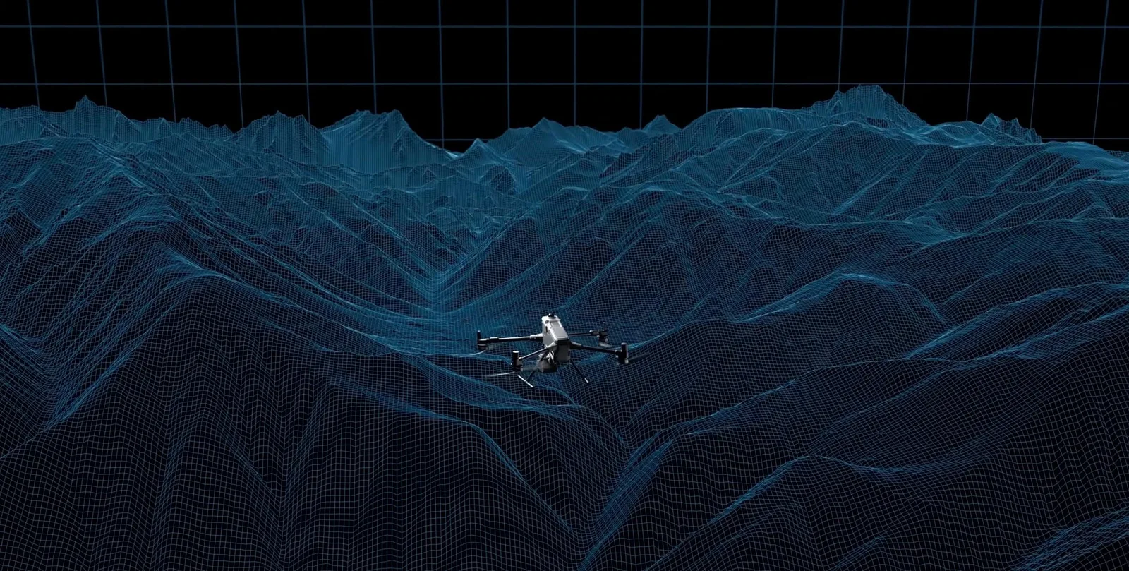 DJI Matrice drone flying over a blue wireframe 3D terrain model of a mountain valley