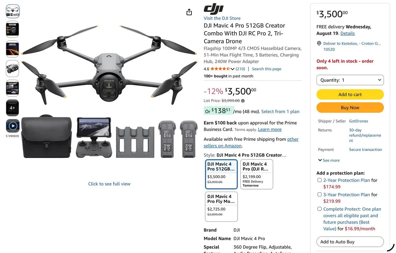 Amazon product listing for the DJI Mavic 4 Pro 512GB Creator Combo showing a 12 percent discount to $3,500