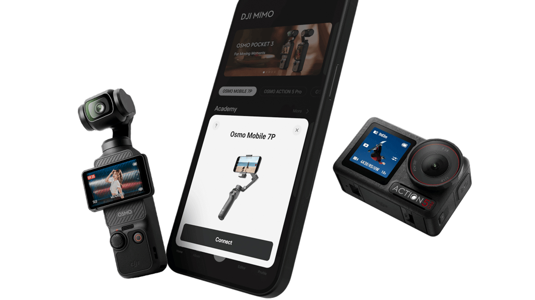 The DJI Mimo app on a smartphone showing an Osmo Mobile 7P connection card, flanked by an Osmo Pocket 3 camera and an Osmo Action 5 Pro action camera.