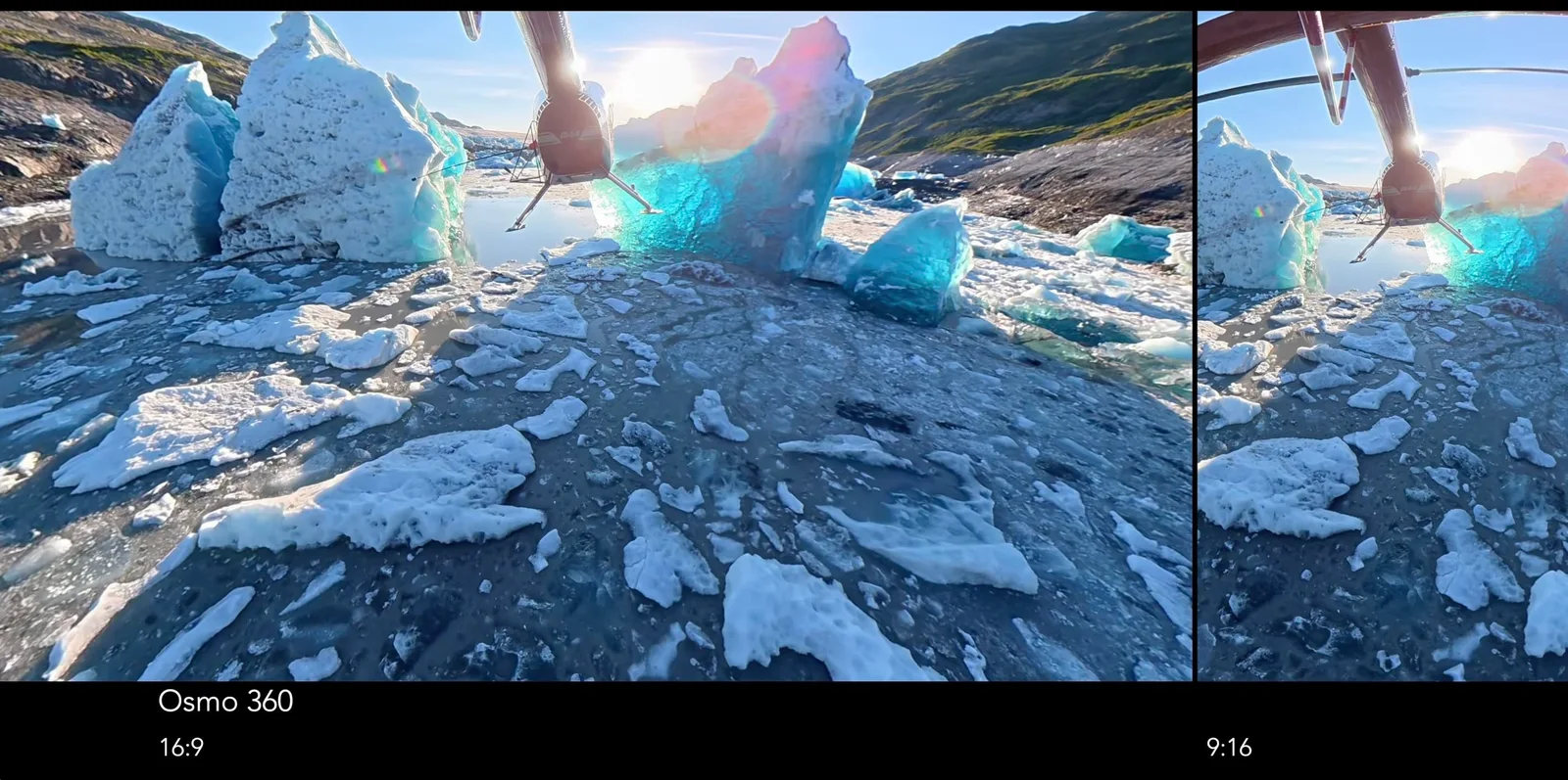 Side-by-side 16:9 and 9:16 reframes of DJI Osmo 360 footage showing a helicopter above a glacial lagoon filled with blue ice