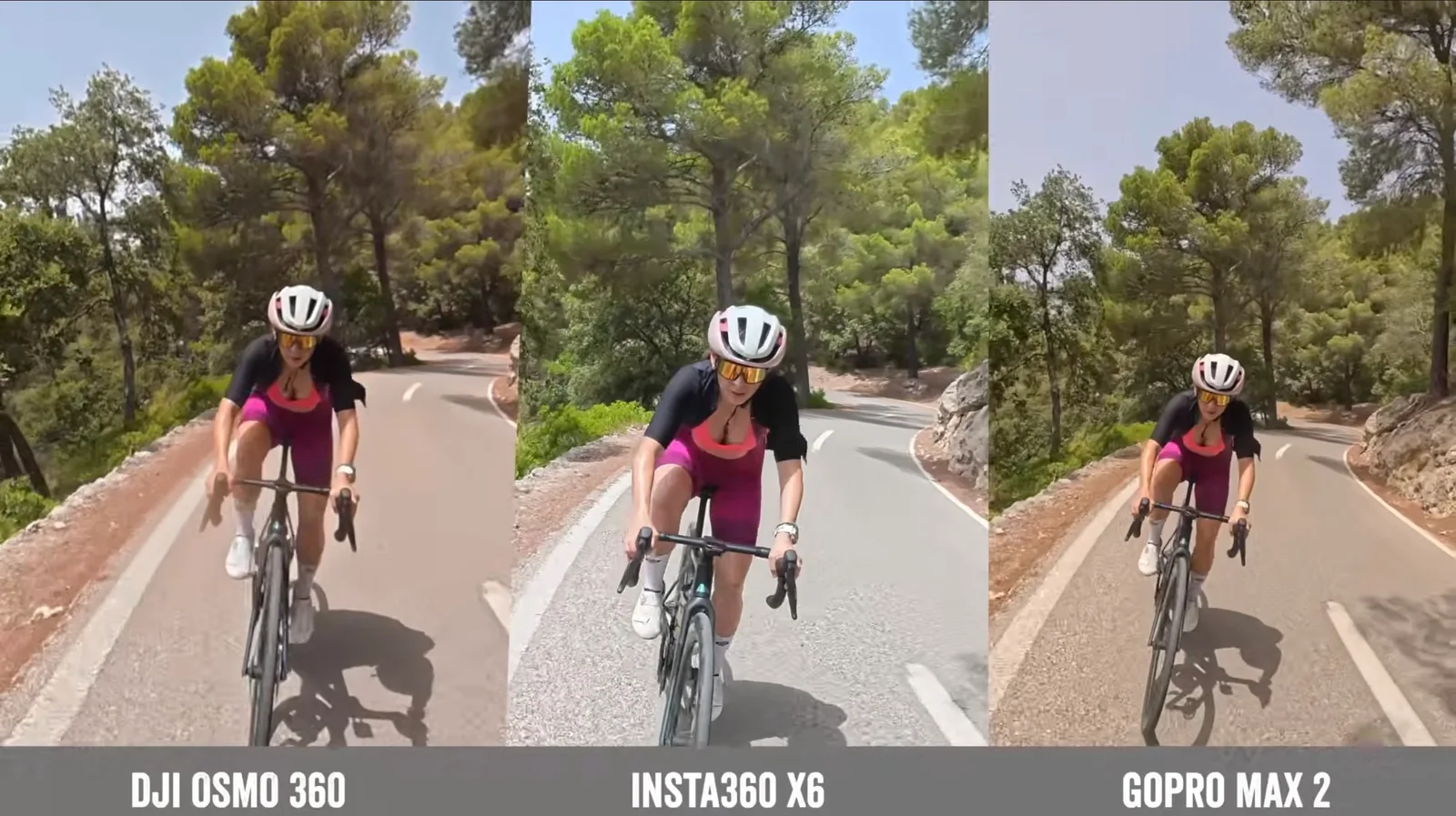 Three-way side-by-side video still comparing DJI Osmo 360, Insta360 X6 and GoPro Max 2 footage of a cyclist on a sunlit mountain road