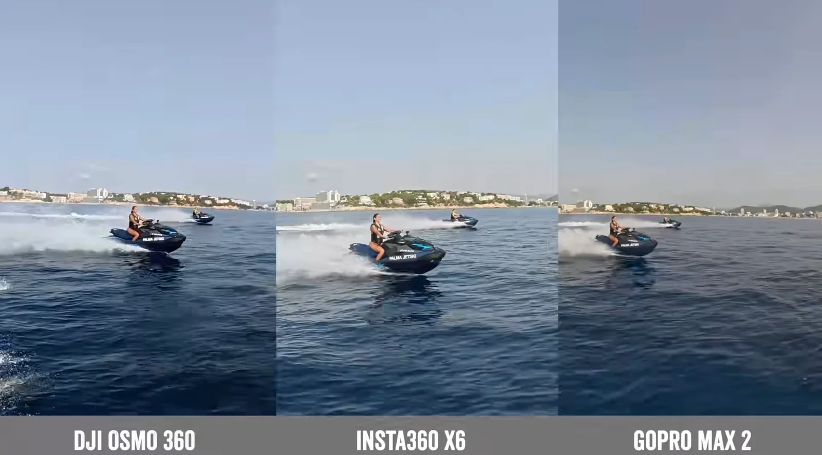 Three-way side-by-side video still comparing DJI Osmo 360, Insta360 X6 and GoPro Max 2 footage of a jet ski rider off a coastline