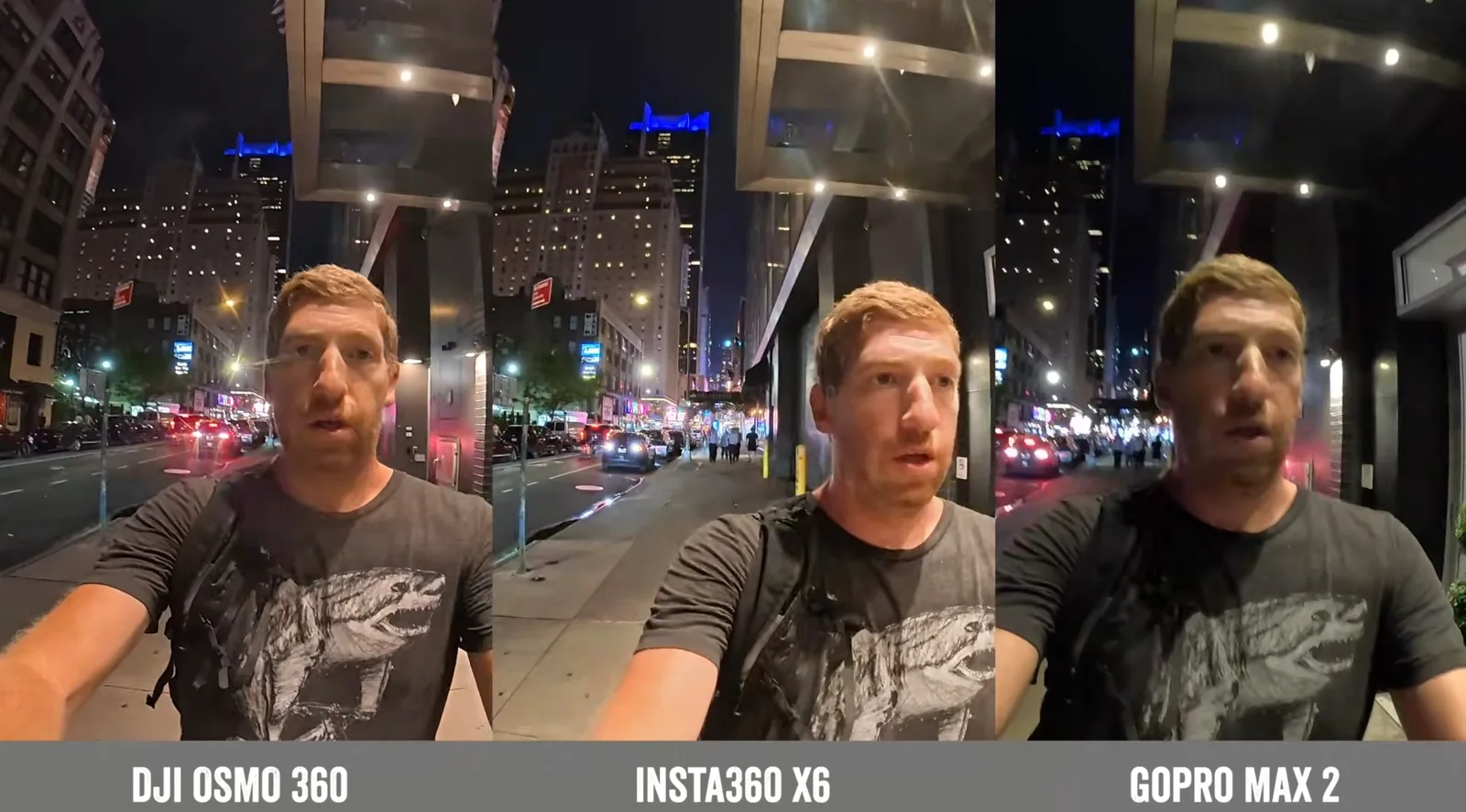 Side-by-side night-time selfie footage from the DJI Osmo 360, Insta360 X6 and GoPro Max 2 on a city street