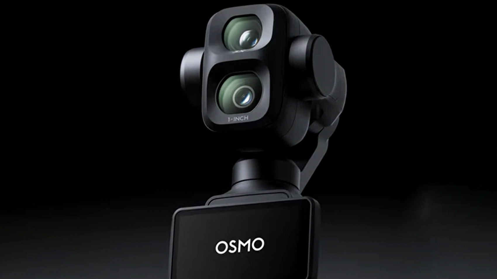 Close-up of the DJI Osmo Pocket 4P gimbal head with its stacked dual cameras, the lower lens marked 1-inch, above the Osmo logo on the camera screen.