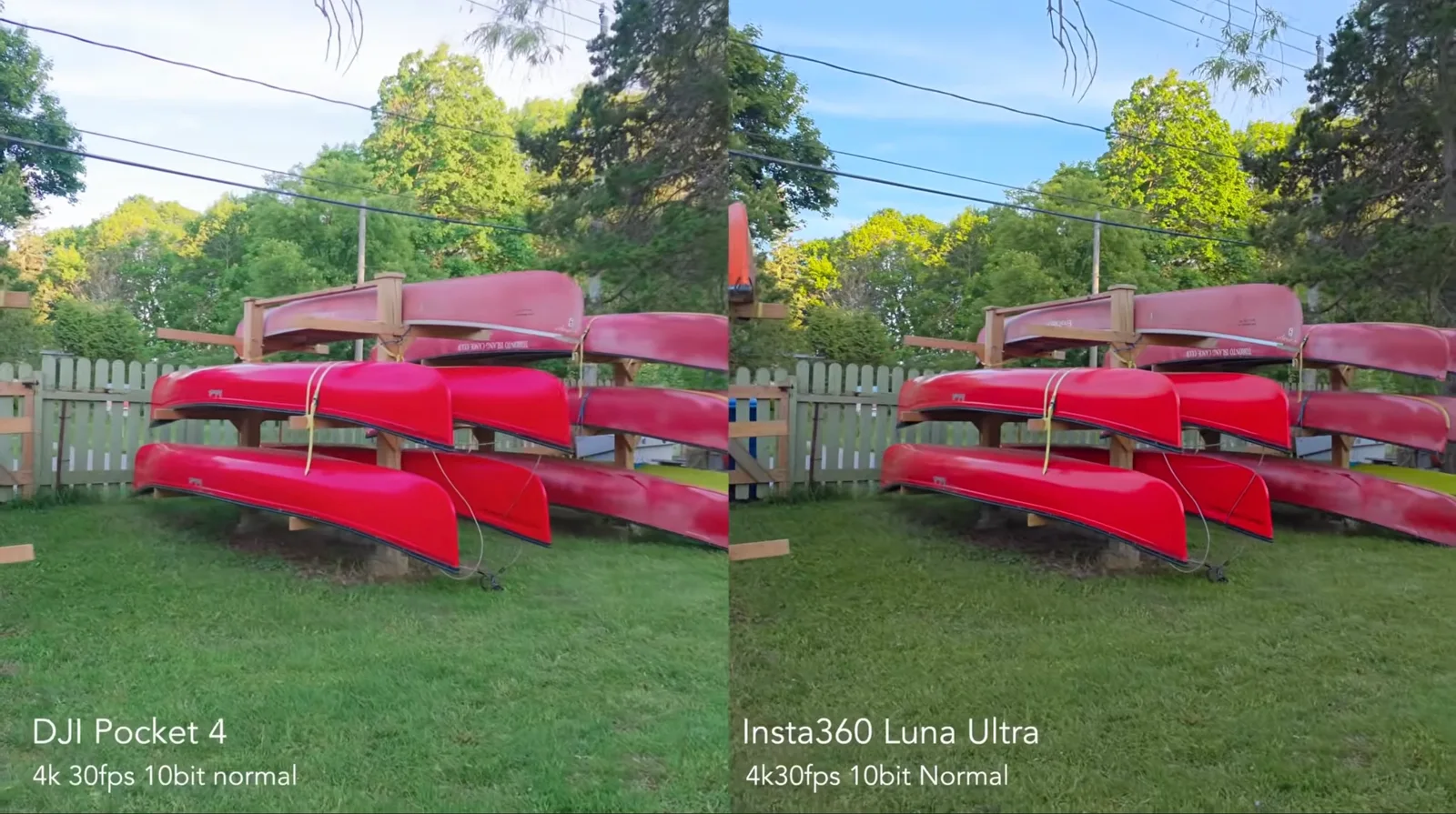 Side-by-side 4K frame grab comparing DJI Osmo Pocket 4P and Insta360 Luna Ultra footage of red canoes stacked on a wooden rack in a sunlit backyard
