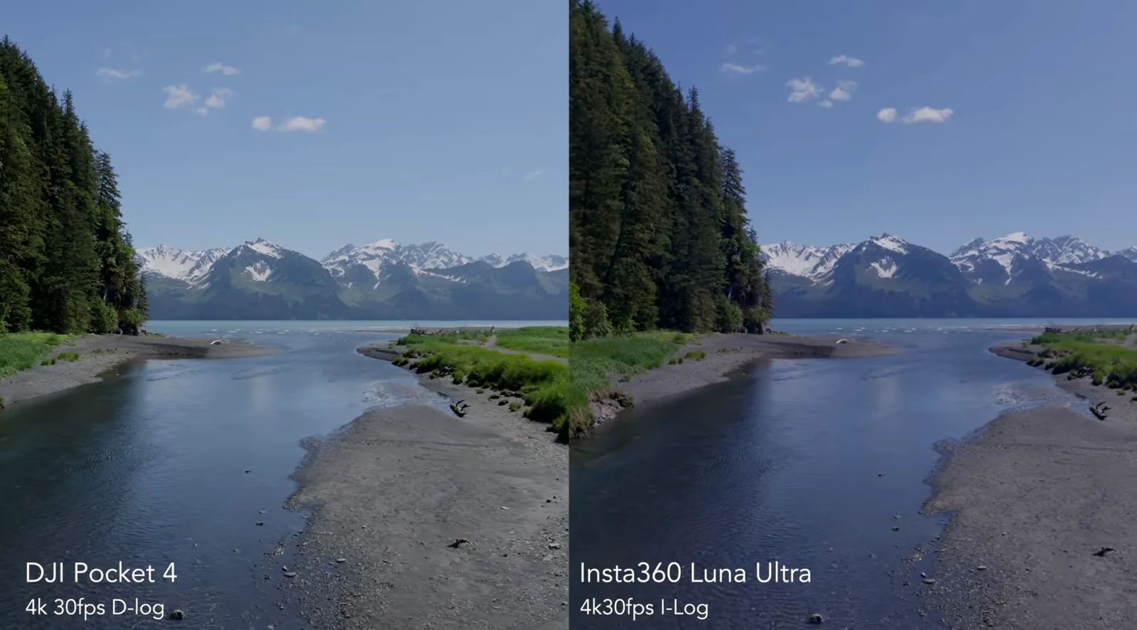 Side-by-side 4K log footage comparison of the DJI Osmo Pocket 4P and Insta360 Luna Ultra showing an Alaskan river delta with snow-capped mountains