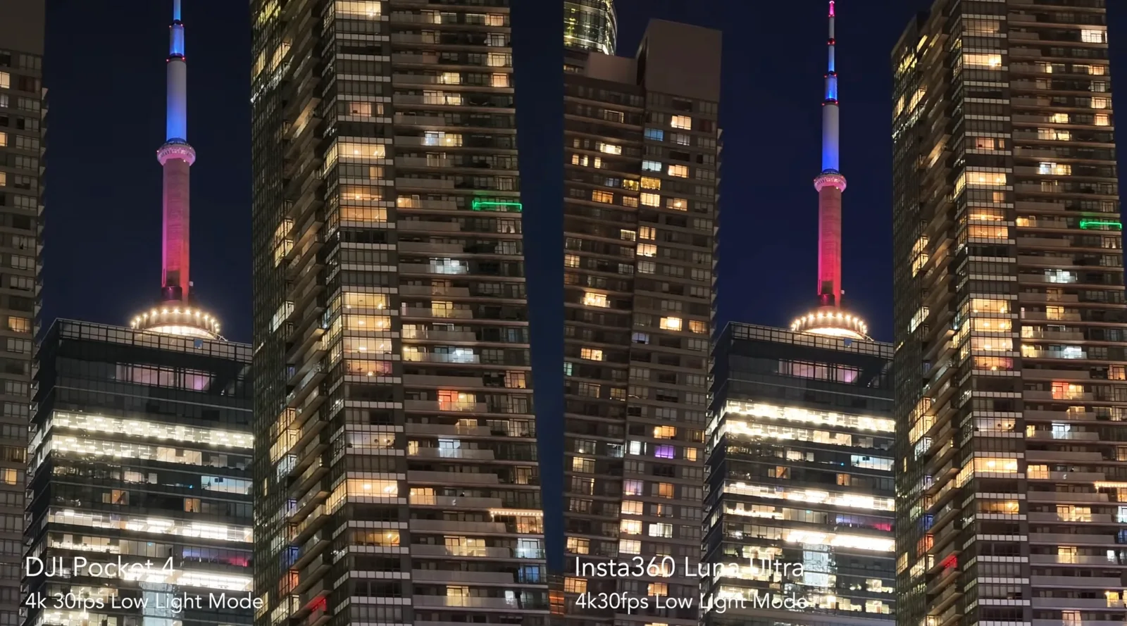 Side-by-side night skyline test footage comparing the DJI Osmo Pocket 4P and Insta360 Luna Ultra in 4K 30fps low light mode