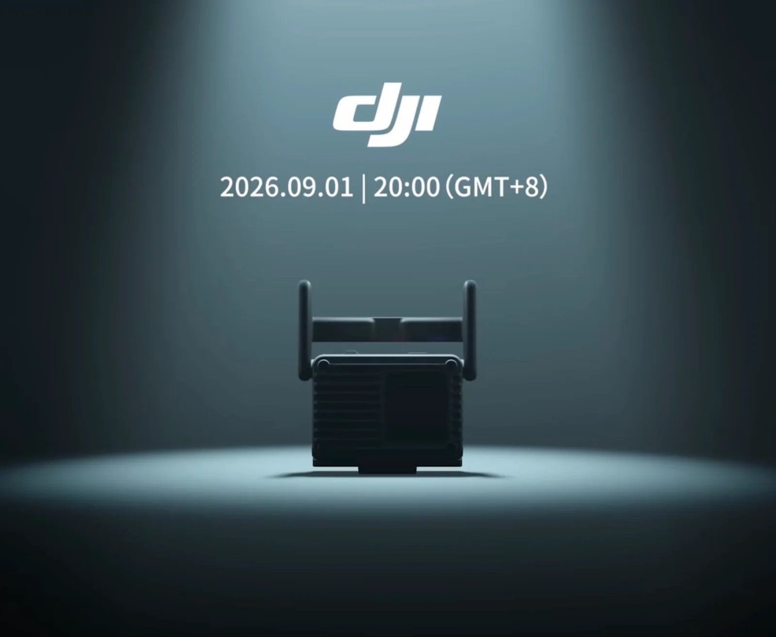 DJI teaser image showing a dark, boxy device with two antennas lit by a spotlight, under the DJI logo and the date 2026.09.01 20:00 GMT+8