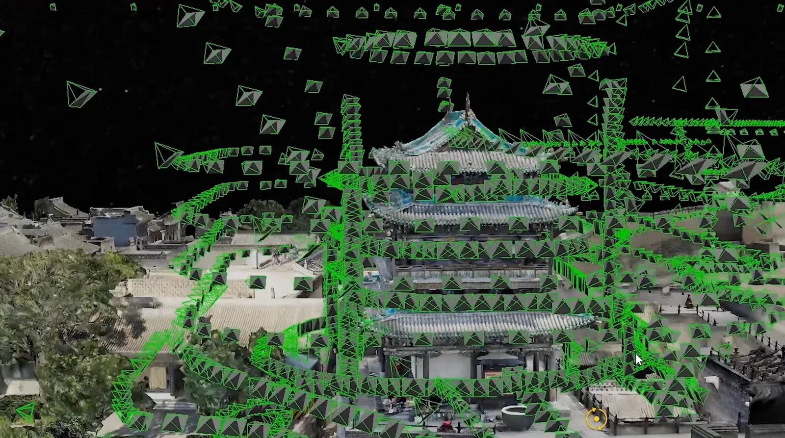 3D reconstruction software view of a Chinese heritage temple complex, with hundreds of green camera position markers showing the drone flight path around the tiered pagoda roofs